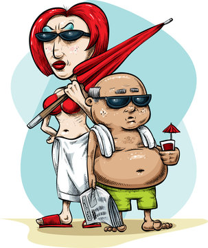 A serious cartoon couple on vacation with umbrella, towels and drink.