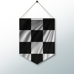 Checkered black and white flag racing. The symbol of the race on wavy silk fabric. Realistic vector illustration.