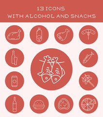 13 icons with alcohol and snacks.