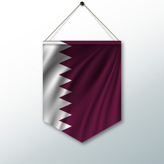 The national flag of Qatar. The symbol of the state in the pennant hanging on the rope. Realistic vector illustration.