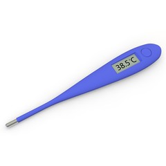 Digital thermometer shows a temperature of 38.5 degrees Celsius