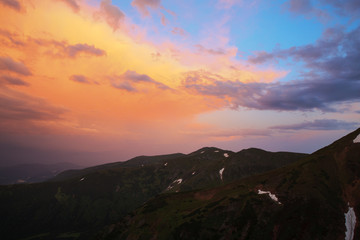Beautiful view of the sky at sunset in Carpathians in the summer