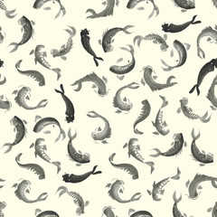 Seamless ink hand drawn pattern with calligraphy koi for  textile, ceramics, fabric, print, cards, wrapping