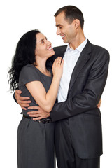 happy couple in love, romantic beautiful woman and handsome man isolated on white background