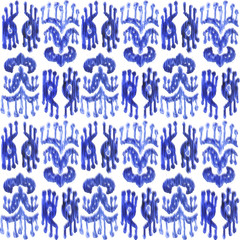 Seamless hand drawn watercolor ikat background with traditional ornament. Pattern  for textile, ceramics, fabric, print, cards, wrapping