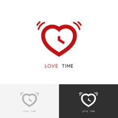 Love time logo - red alarm clock and heart symbol. Valentine and relationship vector icon.