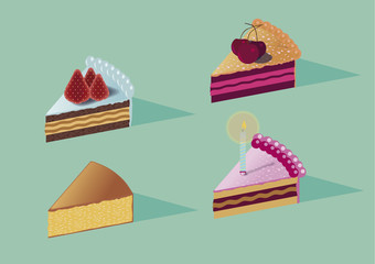 Slices of birthday cakes with strawberry, cherry and a congratulatory candles