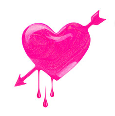 Plash of pink nail polish in the form of heart with arrow. Conce