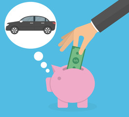 Saving money for a new car concept. Hand putting cash in the piggy bank. Flat design