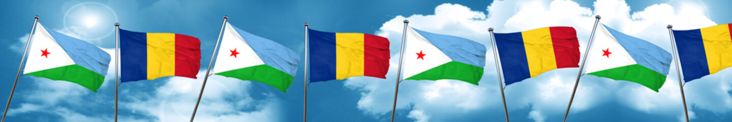Djibouti flag with Romania flag, 3D rendering