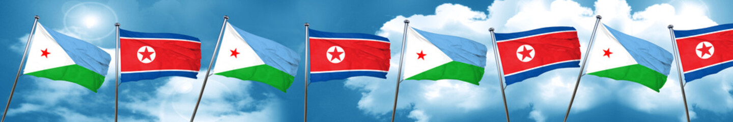 Djibouti flag with North Korea flag, 3D rendering