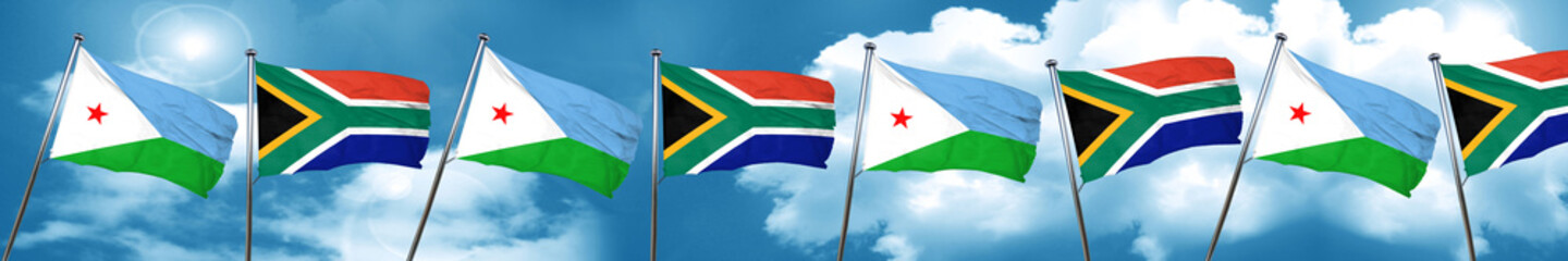Djibouti flag with South Africa flag, 3D rendering