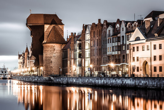 Gdansk old town crane and river at sunset