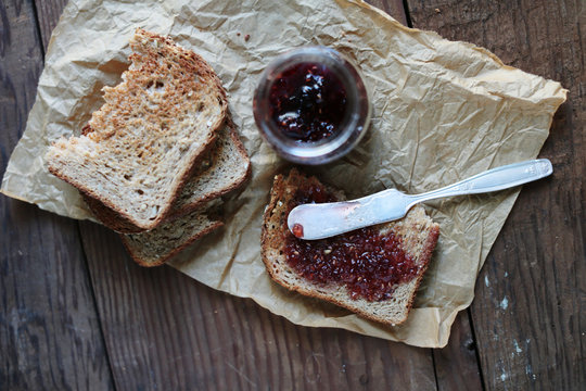 Overhead view of a breakfast of jam on toast