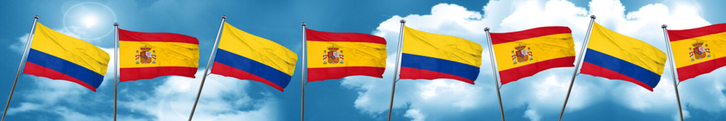 Fototapeta na wymiar Colombia flag with Spain flag, 3D rendering