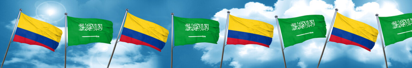 Colombia flag with Saudi Arabia flag, 3D rendering