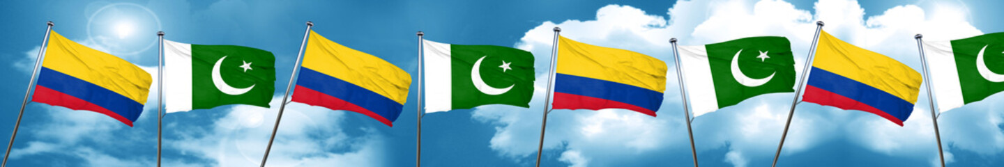 Colombia flag with Pakistan flag, 3D rendering