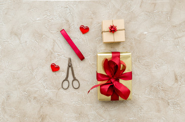 wrapping gifts in box for holiday top view mock up