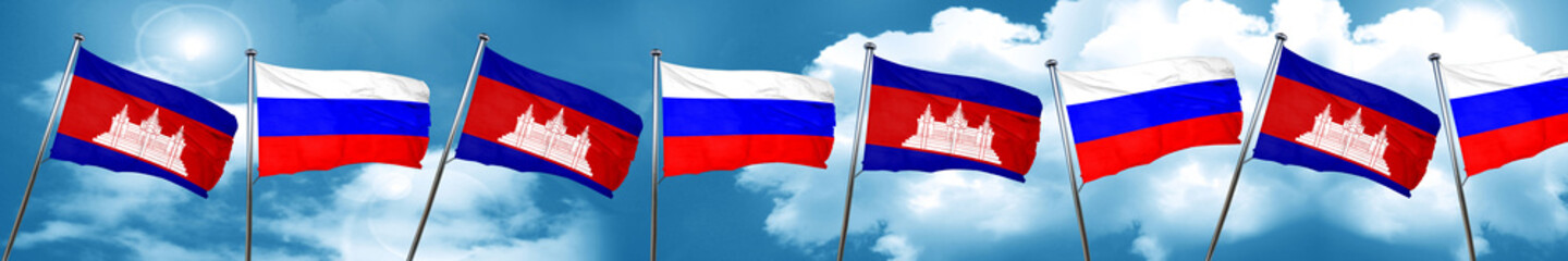 Cambodia flag with Russia flag, 3D rendering