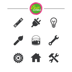 Repair, construction icons. Hammer, wrench tool.