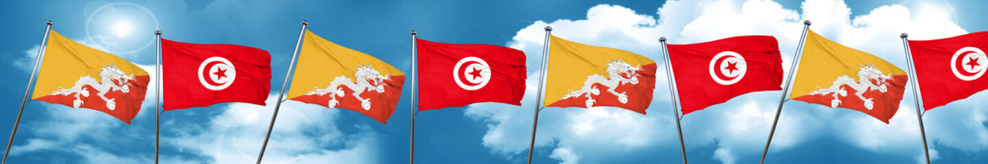 Bhutan flag with Tunisia flag, 3D rendering