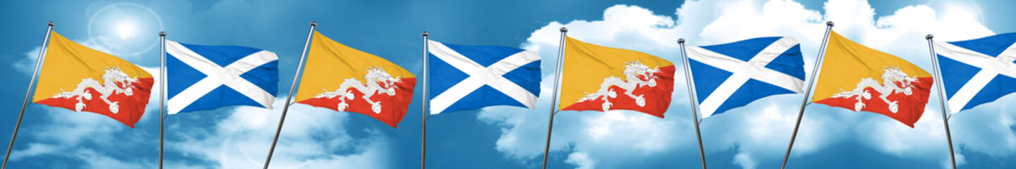 Bhutan flag with Scotland flag, 3D rendering