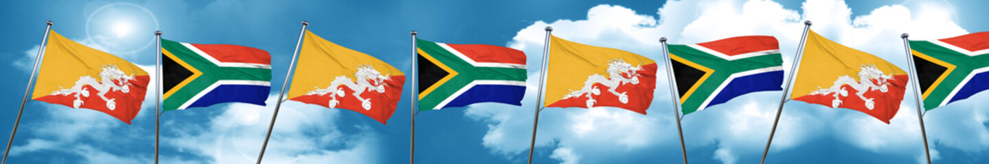 Bhutan flag with South Africa flag, 3D rendering