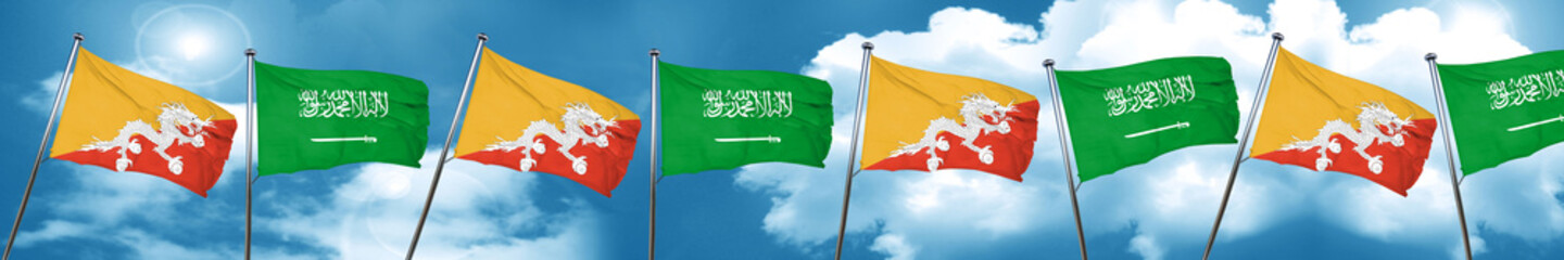 Bhutan flag with Saudi Arabia flag, 3D rendering