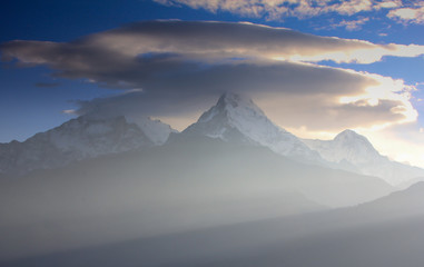 Naklejka na ściany i meble Panorama view Mount Machapuchare at sunrise ,Nepal