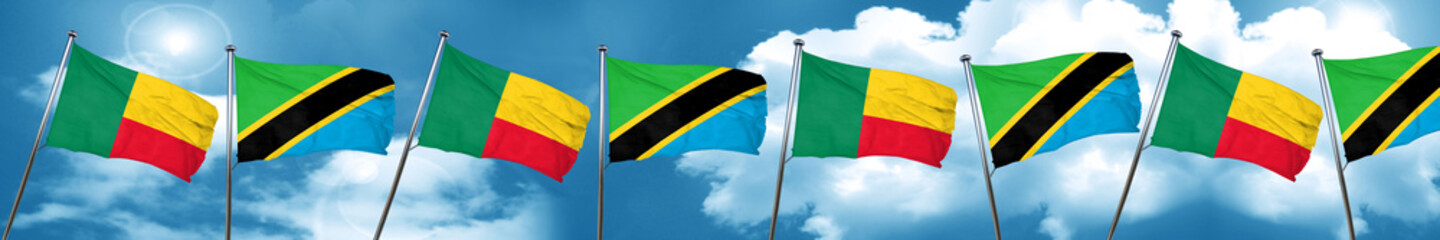 Benin flag with Tanzania flag, 3D rendering