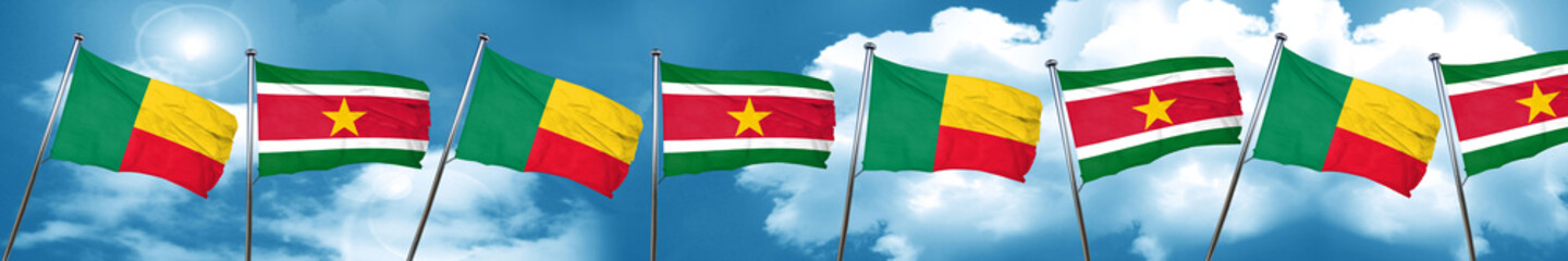 Fototapeta na wymiar Benin flag with Suriname flag, 3D rendering