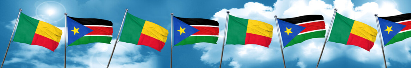 Benin flag with South Sudan flag, 3D rendering