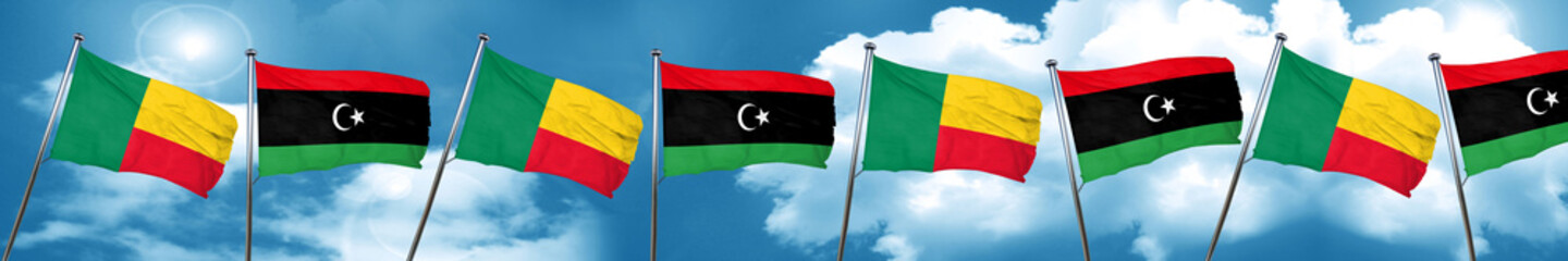 Benin flag with Libya flag, 3D rendering