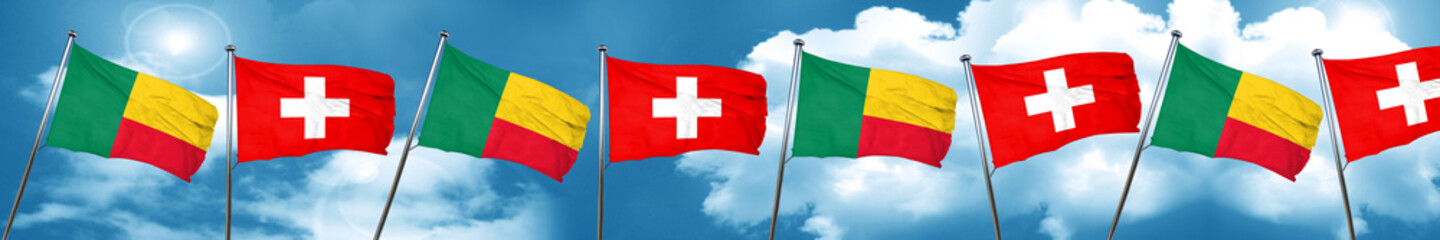 Benin flag with Switzerland flag, 3D rendering