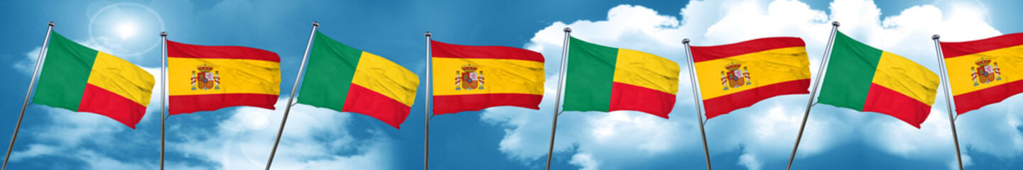 Benin flag with Spain flag, 3D rendering