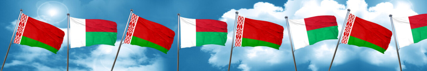 Belarus flag with Madagascar flag, 3D rendering