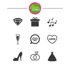 Wedding, engagement icons. Rings, gift box.