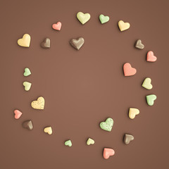 Valentine's Day heart shape cookies circular frame mock-up for text in the center on dark background flat lay top view 3D Illustration