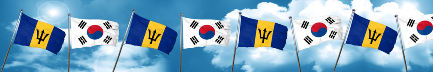 Barbados flag with South Korea flag, 3D rendering