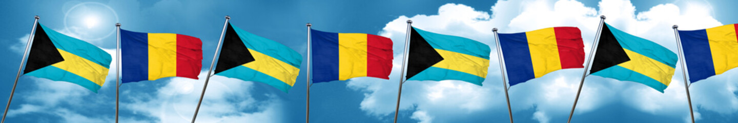 Bahamas flag with Romania flag, 3D rendering
