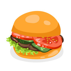 hamburger with tomatoes, cucumber, lettuce at the white background