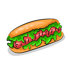 hot dog with mustard, ketchup and vegetables