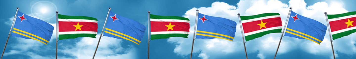 aruba flag with Suriname flag, 3D rendering