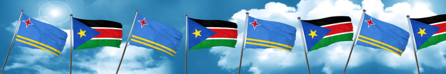aruba flag with South Sudan flag, 3D rendering