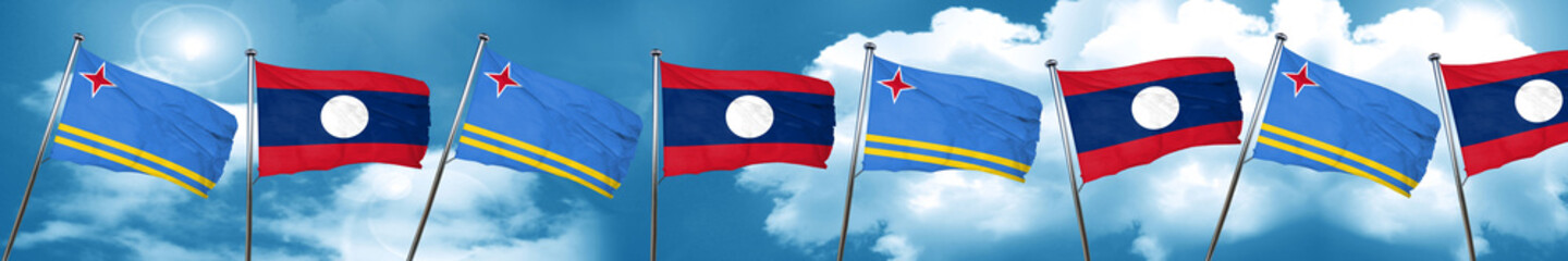 aruba flag with Laos flag, 3D rendering