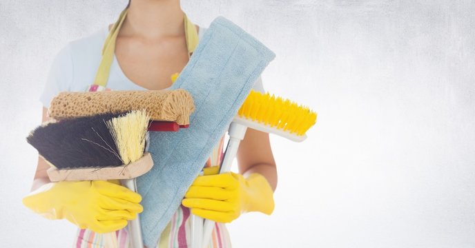 Mid section of woman holding various cleaning equipments