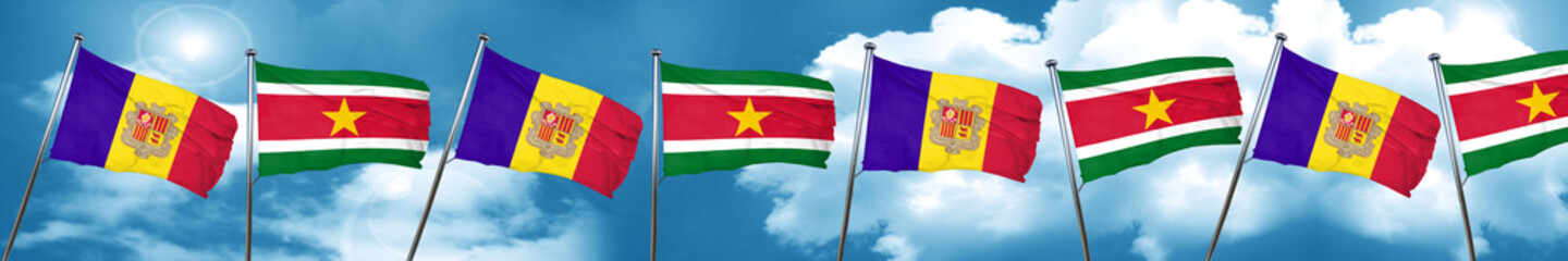 Andorra flag with Suriname flag, 3D rendering