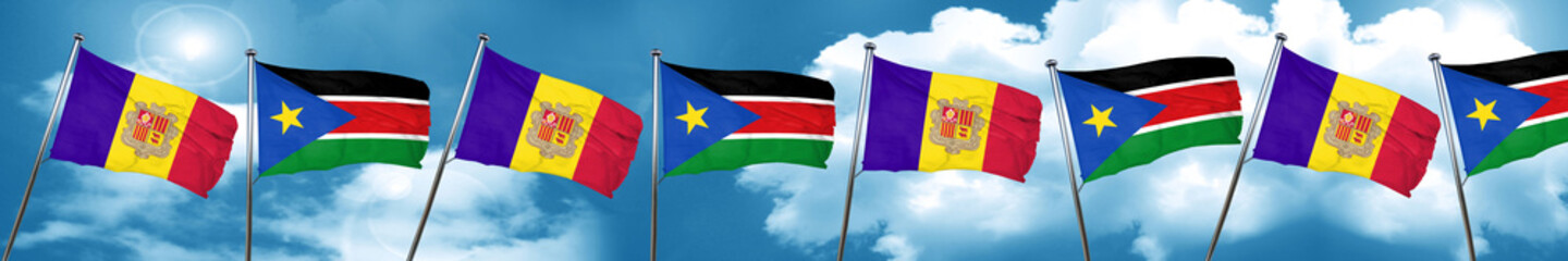 Andorra flag with South Sudan flag, 3D rendering