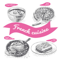 Monochrome vector illustration of French cuisine.