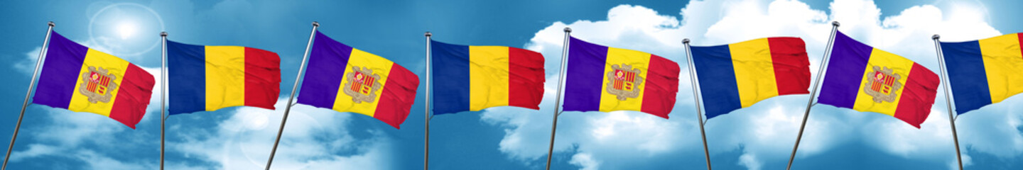 Andorra flag with Romania flag, 3D rendering